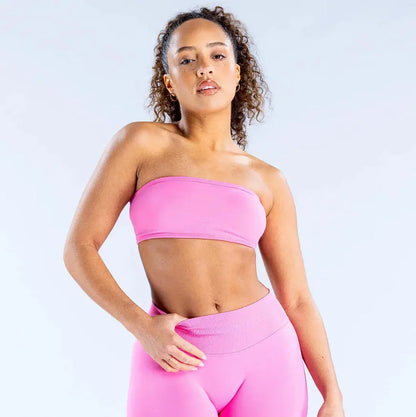 (With Logo) DFYNE Women'S Nylon Polyamid Seamless Strapless No-Slip Strappy Back Bandeau Sports Bra, Supportive Crop Top for Gym, Yoga, Athleisure Bra, All Seasons
