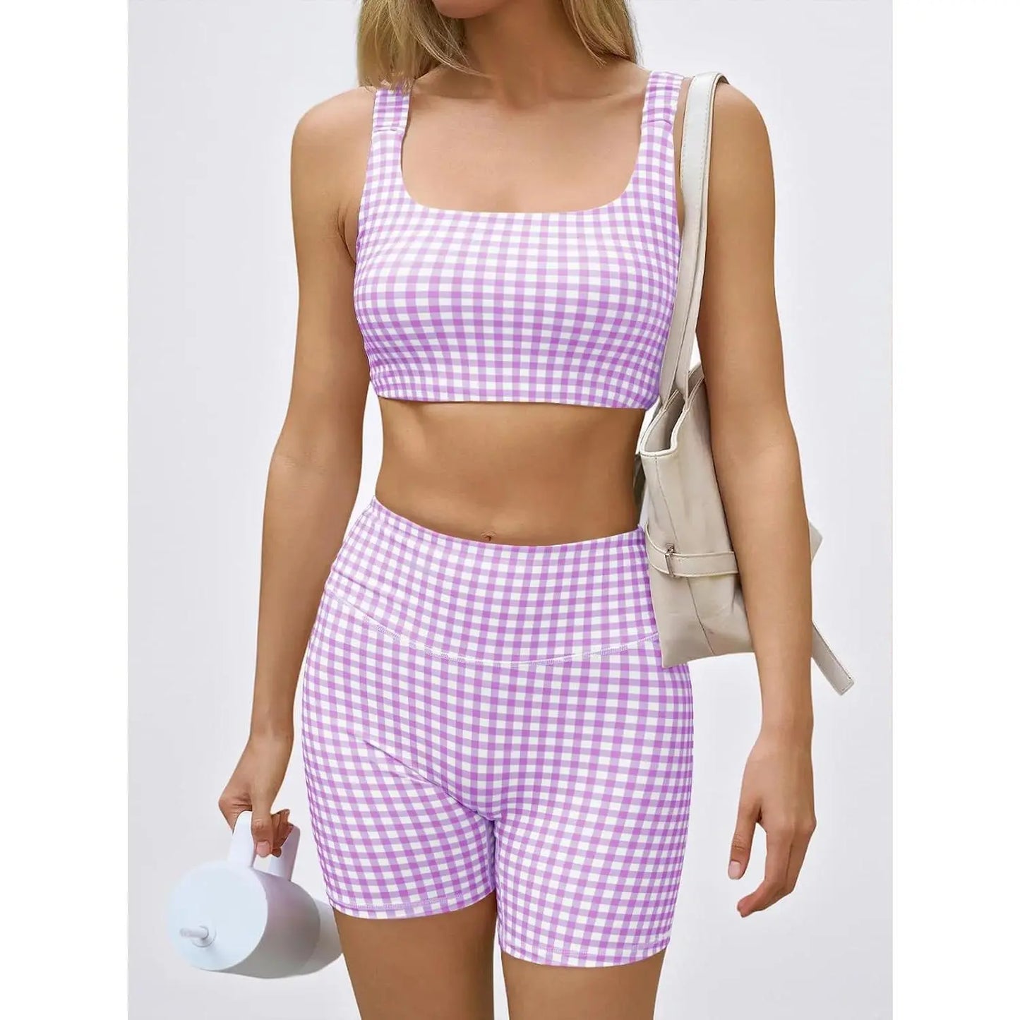 Aoysky Women'S 2-Piece Gingham Activewear Set - Padded Open-Back Crop Top, High-Waist Shorts for Women, Cute 2 Pcs Set for Yoga, Flattering Open-Back Detail
