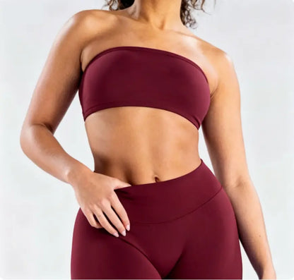 (With Logo) DFYNE Women'S Nylon Polyamid Seamless Strapless No-Slip Strappy Back Bandeau Sports Bra, Supportive Crop Top for Gym, Yoga, Athleisure Bra, All Seasons