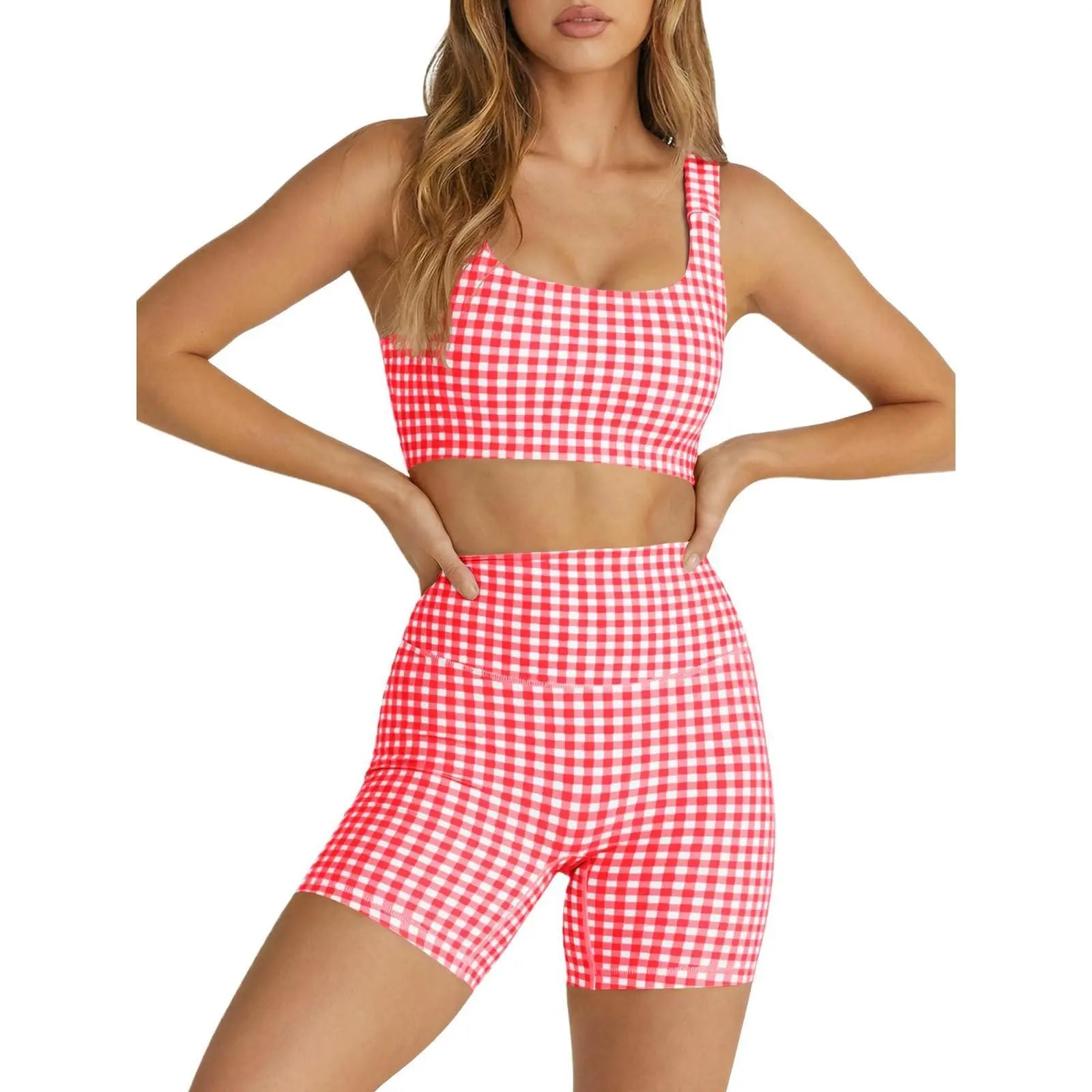 Aoysky Women'S 2-Piece Gingham Activewear Set - Padded Open-Back Crop Top, High-Waist Shorts for Women, Cute 2 Pcs Set for Yoga, Flattering Open-Back Detail