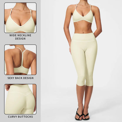 MFVIM Women'S 2-Piece Color-Block Trim Yoga Set - Y-Back Design, High-Waisted Peach-Lift below Knee Shorts, Nude-Feel Female Workout Outfit for All Seasons