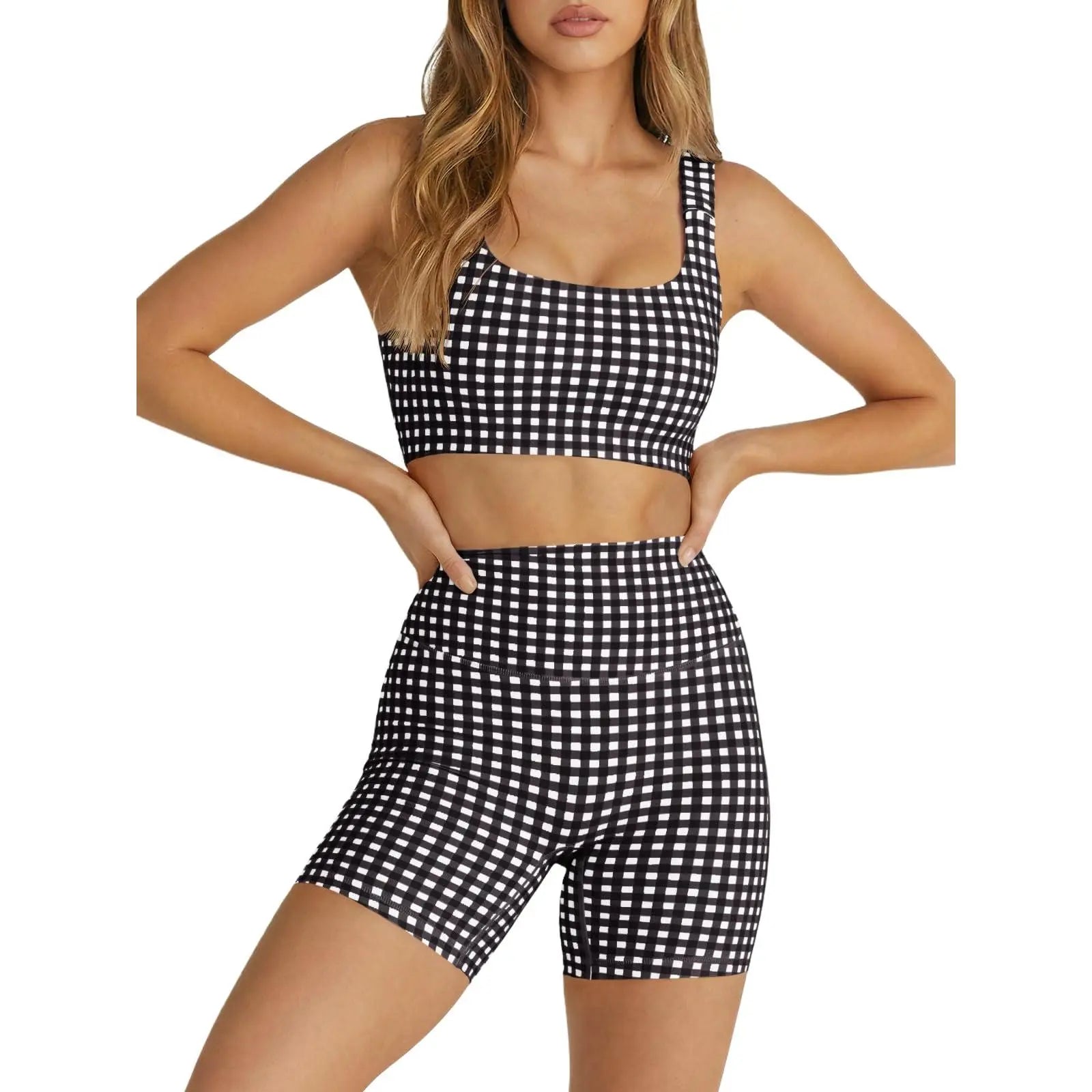 Aoysky Women'S 2-Piece Gingham Activewear Set - Padded Open-Back Crop Top, High-Waist Shorts for Women, Cute 2 Pcs Set for Yoga, Flattering Open-Back Detail
