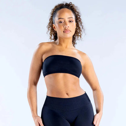 (With Logo) DFYNE Women'S Nylon Polyamid Seamless Strapless No-Slip Strappy Back Bandeau Sports Bra, Supportive Crop Top for Gym, Yoga, Athleisure Bra, All Seasons