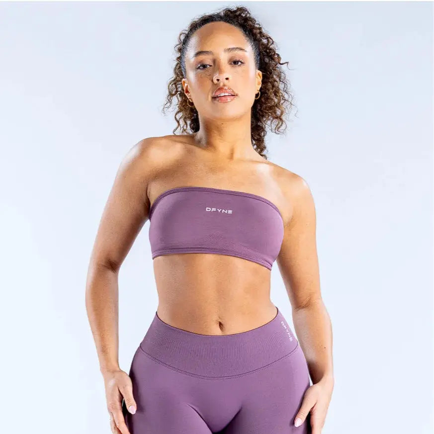 (With Logo) DFYNE Women'S Nylon Polyamid Seamless Strapless No-Slip Strappy Back Bandeau Sports Bra, Supportive Crop Top for Gym, Yoga, Athleisure Bra, All Seasons