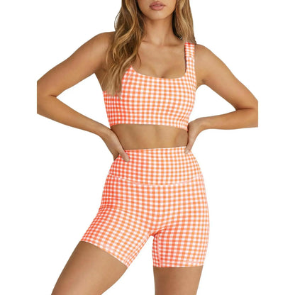 Aoysky Women'S 2-Piece Gingham Activewear Set - Padded Open-Back Crop Top, High-Waist Shorts for Women, Cute 2 Pcs Set for Yoga, Flattering Open-Back Detail