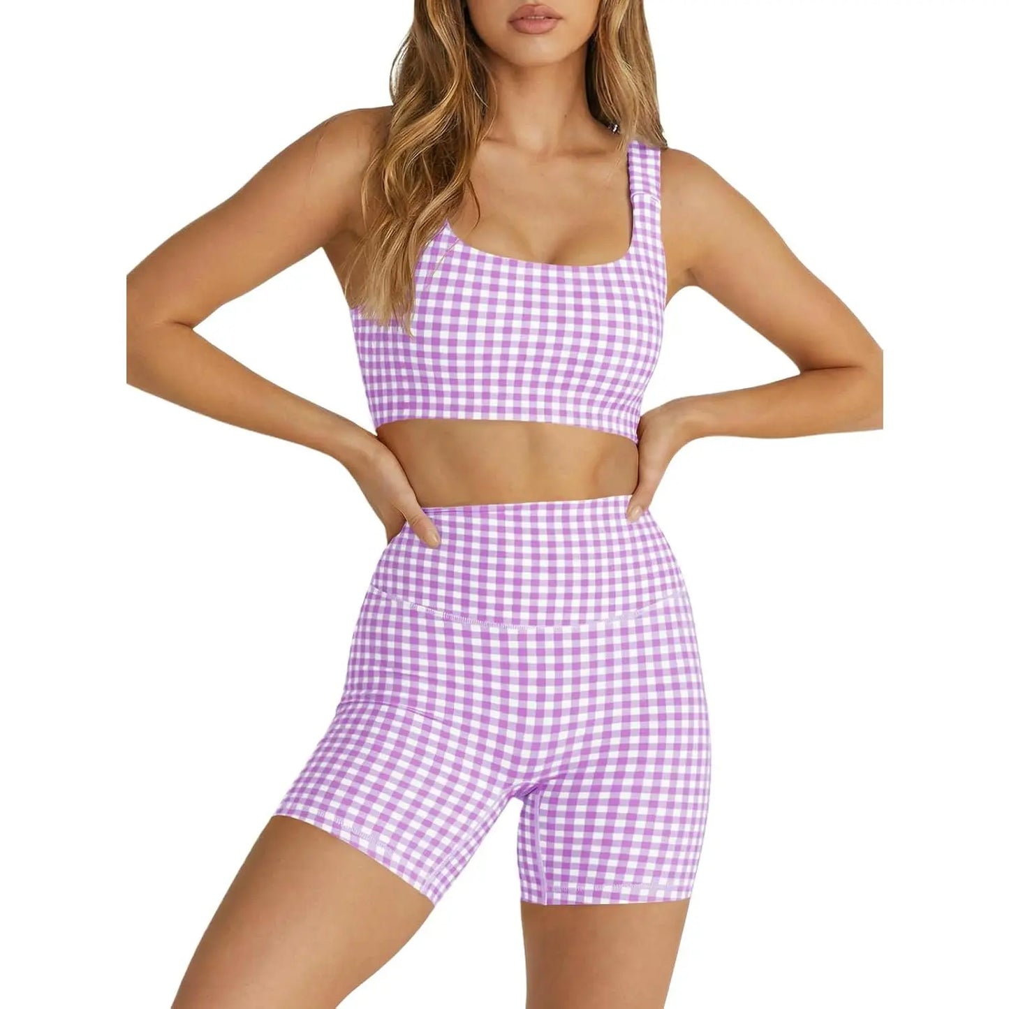 Aoysky Women'S 2-Piece Gingham Activewear Set - Padded Open-Back Crop Top, High-Waist Shorts for Women, Cute 2 Pcs Set for Yoga, Flattering Open-Back Detail