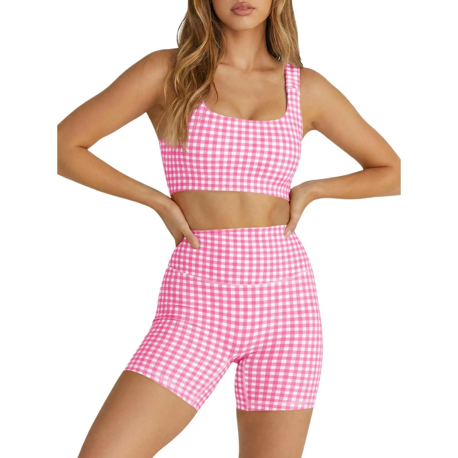 Aoysky Women'S 2-Piece Gingham Activewear Set - Padded Open-Back Crop Top, High-Waist Shorts for Women, Cute 2 Pcs Set for Yoga, Flattering Open-Back Detail