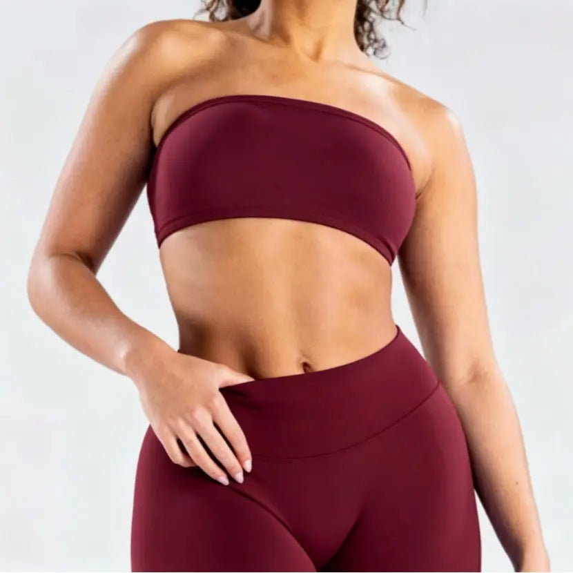 (With Logo) DFYNE Women'S Nylon Polyamid Seamless Strapless No-Slip Strappy Back Bandeau Sports Bra, Supportive Crop Top for Gym, Yoga, Athleisure Bra, All Seasons