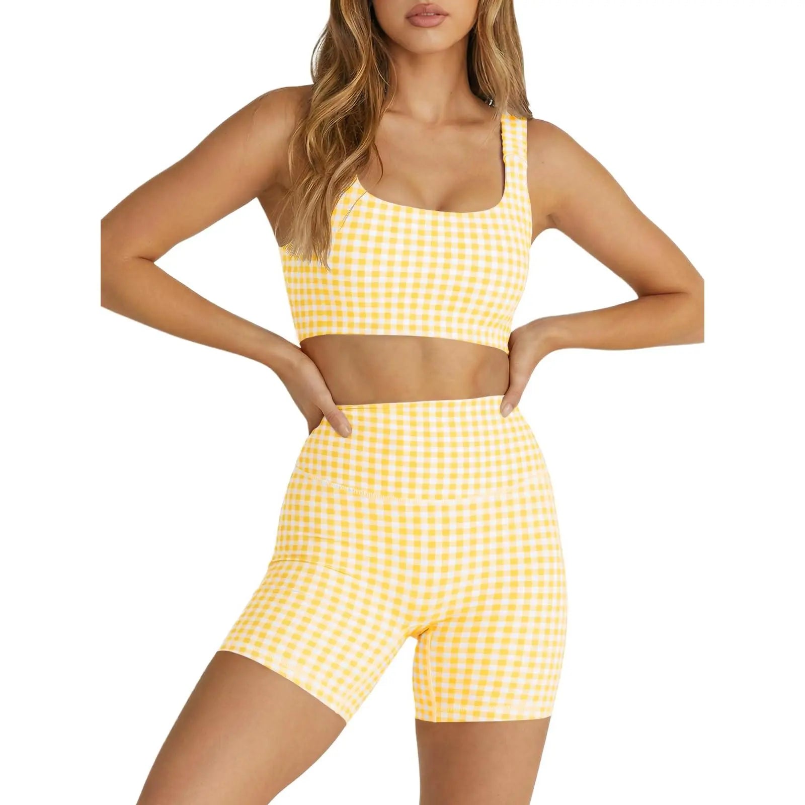 Aoysky Women'S 2-Piece Gingham Activewear Set - Padded Open-Back Crop Top, High-Waist Shorts for Women, Cute 2 Pcs Set for Yoga, Flattering Open-Back Detail