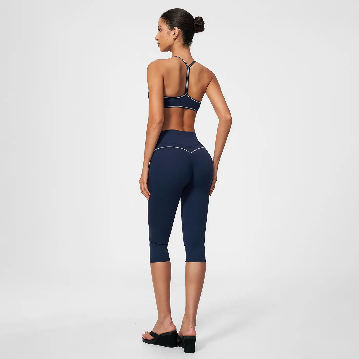 MFVIM Women'S 2-Piece Color-Block Trim Yoga Set - Y-Back Design, High-Waisted Peach-Lift below Knee Shorts, Nude-Feel Female Workout Outfit for All Seasons