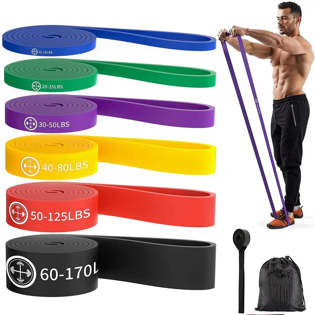 Exercise Bands，Set of 6 Resistance Bands for Working Out,Pull up Bands Set,At Home Workout Equipment,Instruction Guide and Carry Bag Included, Fitness Training Band, Home Gym Gear