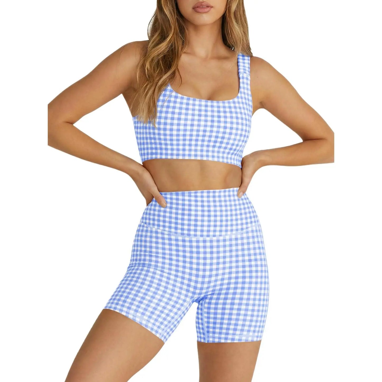 Aoysky Women'S 2-Piece Gingham Activewear Set - Padded Open-Back Crop Top, High-Waist Shorts for Women, Cute 2 Pcs Set for Yoga, Flattering Open-Back Detail