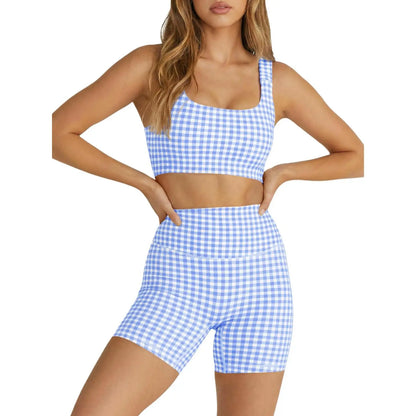 Aoysky Women'S 2-Piece Gingham Activewear Set - Padded Open-Back Crop Top, High-Waist Shorts for Women, Cute 2 Pcs Set for Yoga, Flattering Open-Back Detail