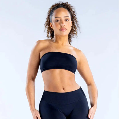 (With Logo) DFYNE Women'S Nylon Polyamid Seamless Strapless No-Slip Strappy Back Bandeau Sports Bra, Supportive Crop Top for Gym, Yoga, Athleisure Bra, All Seasons