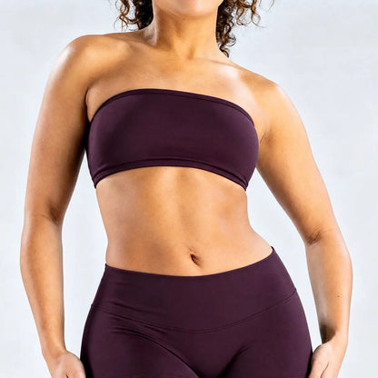 (With Logo) DFYNE Women'S Nylon Polyamid Seamless Strapless No-Slip Strappy Back Bandeau Sports Bra, Supportive Crop Top for Gym, Yoga, Athleisure Bra, All Seasons