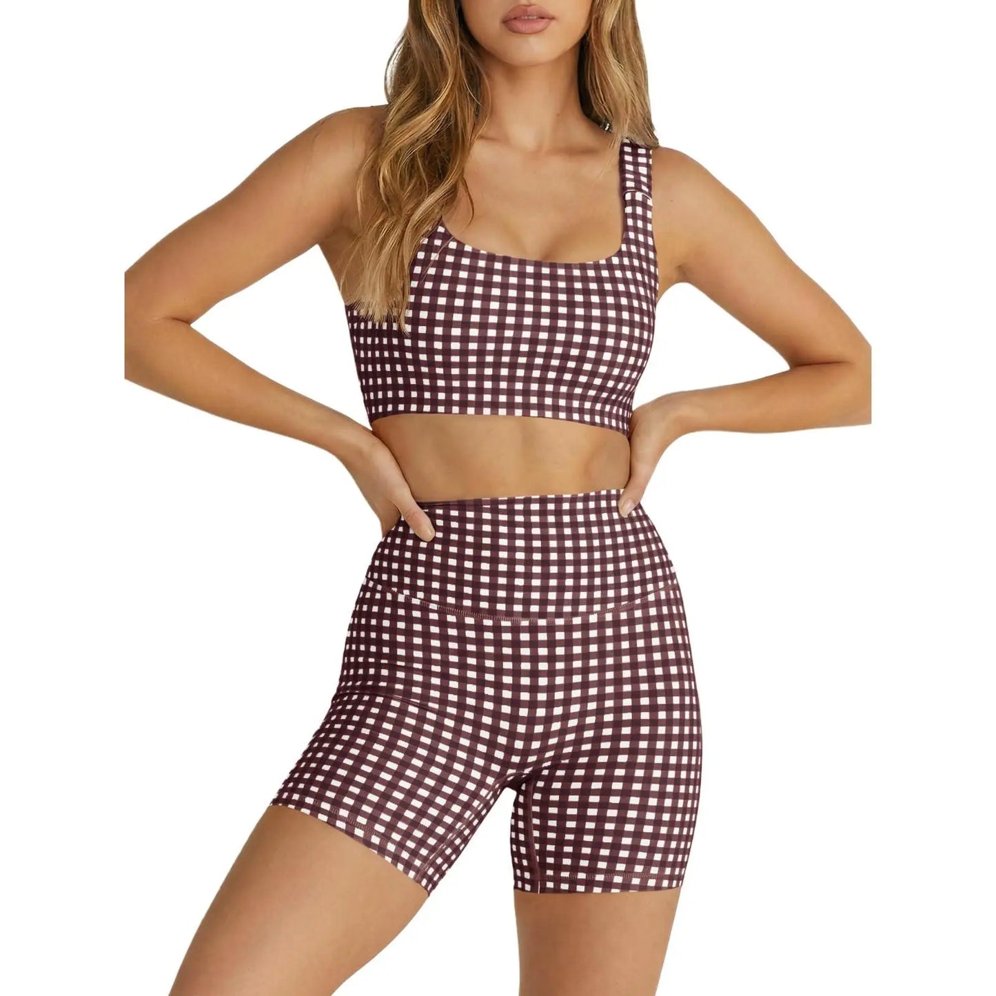 Aoysky Women'S 2-Piece Gingham Activewear Set - Padded Open-Back Crop Top, High-Waist Shorts for Women, Cute 2 Pcs Set for Yoga, Flattering Open-Back Detail