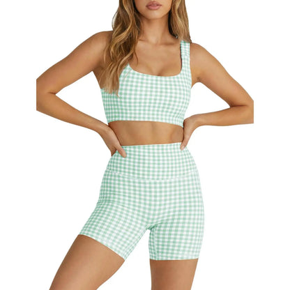 Aoysky Women'S 2-Piece Gingham Activewear Set - Padded Open-Back Crop Top, High-Waist Shorts for Women, Cute 2 Pcs Set for Yoga, Flattering Open-Back Detail