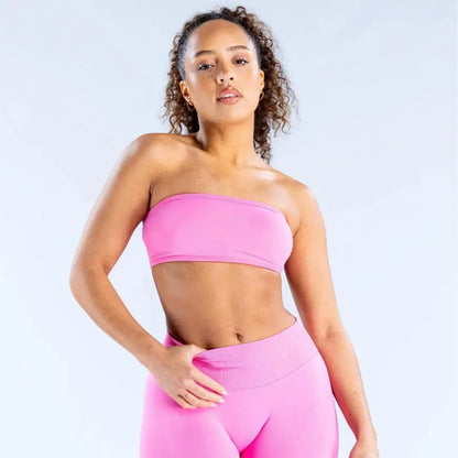 (With Logo) DFYNE Women'S Nylon Polyamid Seamless Strapless No-Slip Strappy Back Bandeau Sports Bra, Supportive Crop Top for Gym, Yoga, Athleisure Bra, All Seasons
