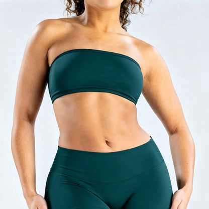(With Logo) DFYNE Women'S Nylon Polyamid Seamless Strapless No-Slip Strappy Back Bandeau Sports Bra, Supportive Crop Top for Gym, Yoga, Athleisure Bra, All Seasons