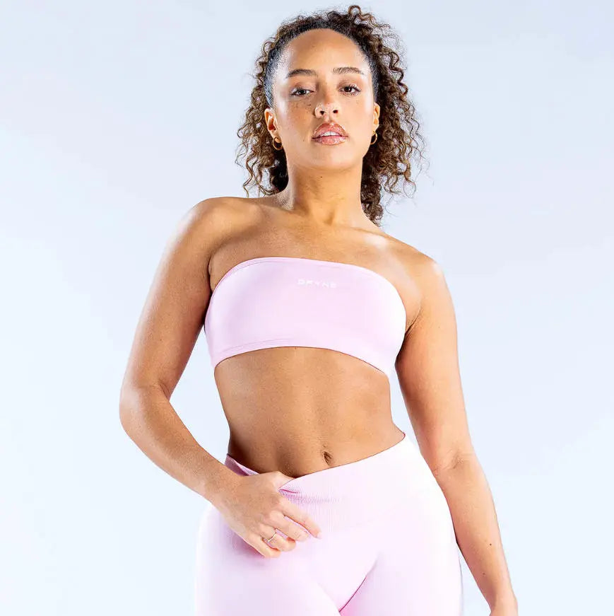 (With Logo) DFYNE Women'S Nylon Polyamid Seamless Strapless No-Slip Strappy Back Bandeau Sports Bra, Supportive Crop Top for Gym, Yoga, Athleisure Bra, All Seasons