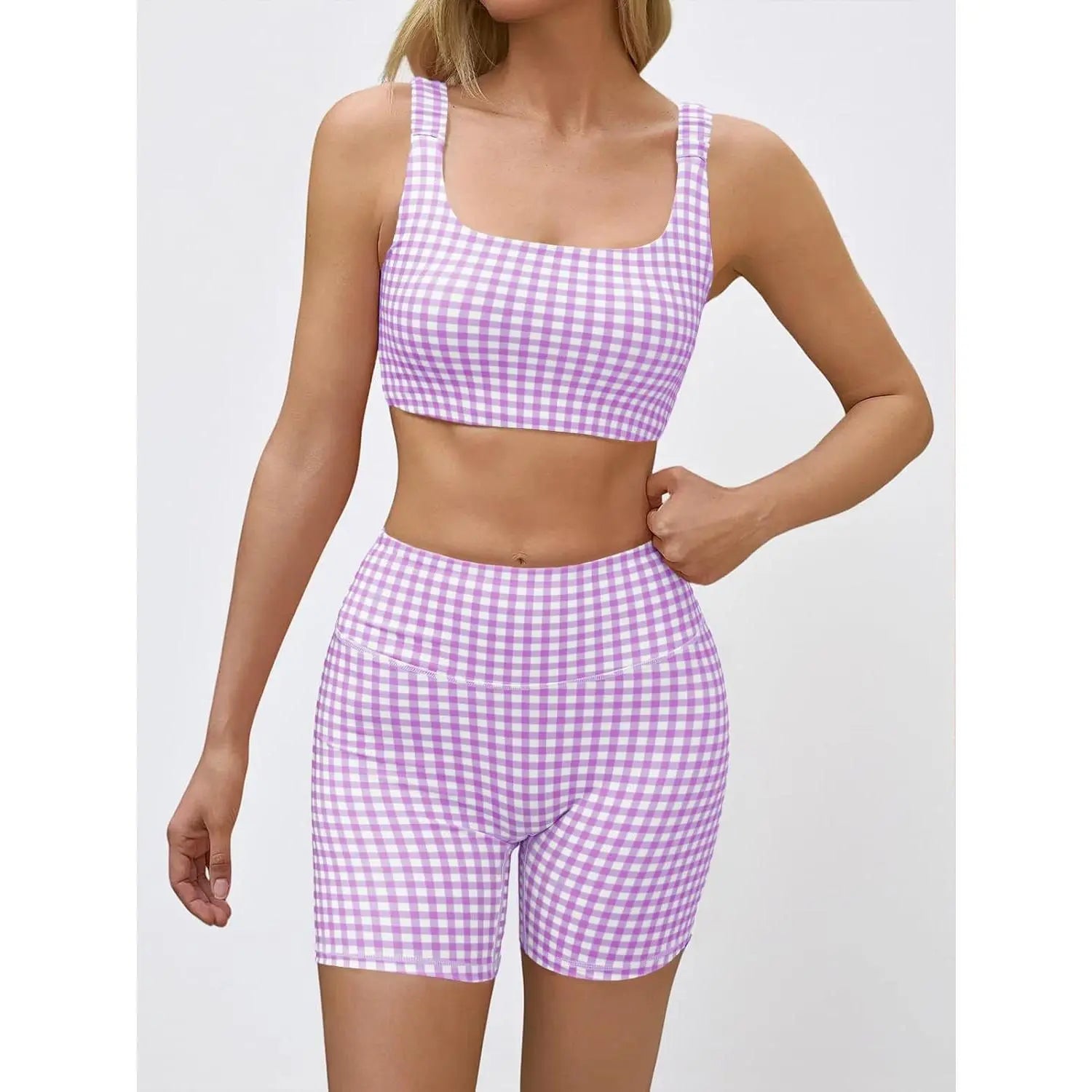 Aoysky Women'S 2-Piece Gingham Activewear Set - Padded Open-Back Crop Top, High-Waist Shorts for Women, Cute 2 Pcs Set for Yoga, Flattering Open-Back Detail