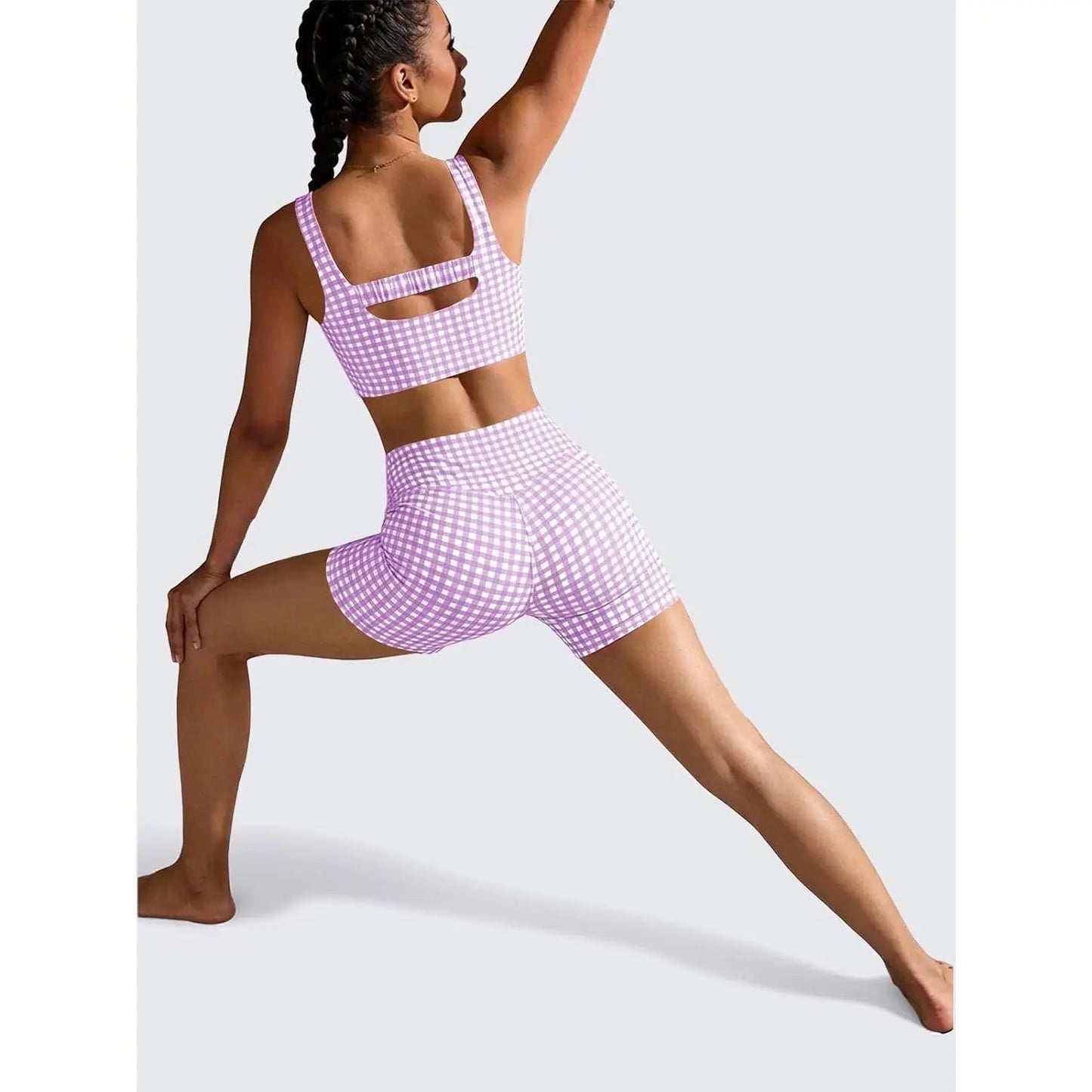 Aoysky Women'S 2-Piece Gingham Activewear Set - Padded Open-Back Crop Top, High-Waist Shorts for Women, Cute 2 Pcs Set for Yoga, Flattering Open-Back Detail