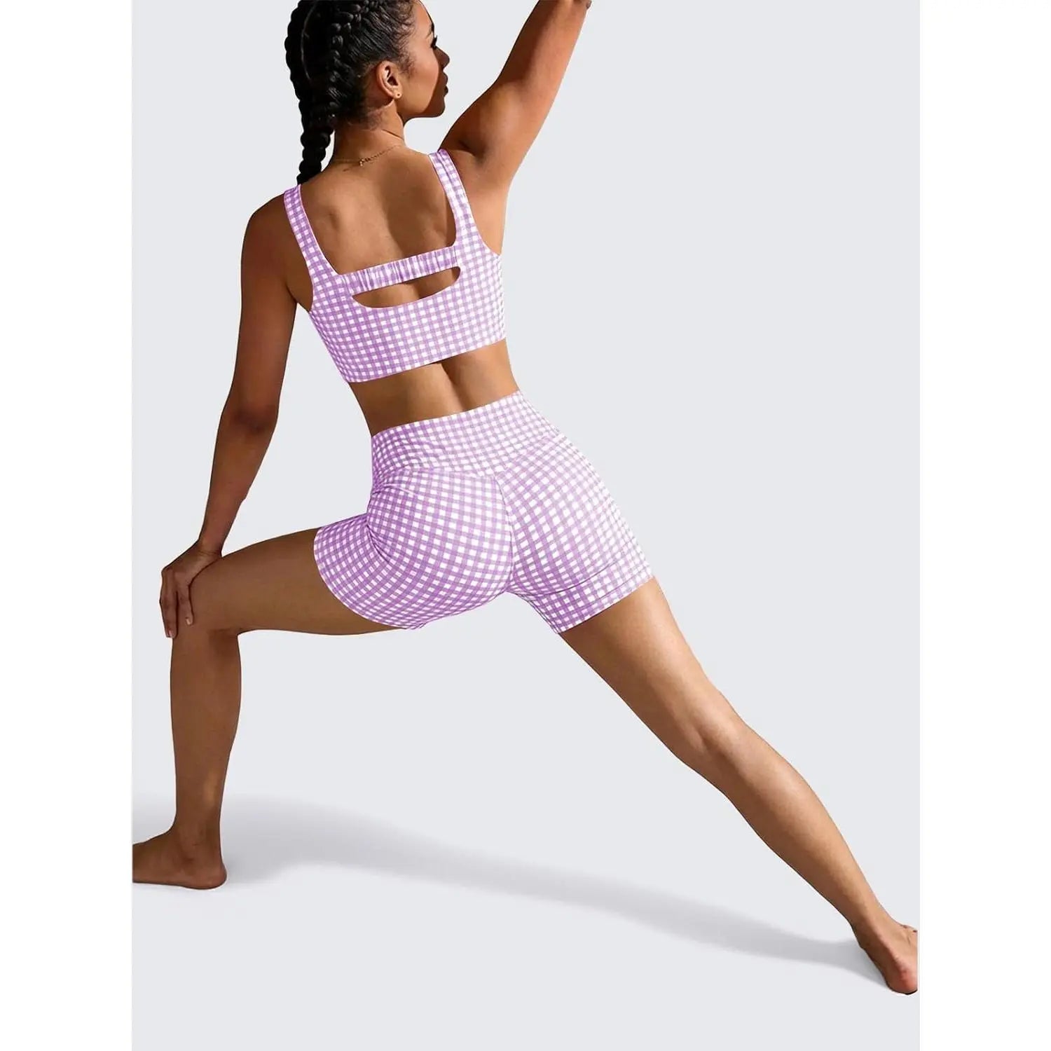 Aoysky Women'S 2-Piece Gingham Activewear Set - Padded Open-Back Crop Top, High-Waist Shorts for Women, Cute 2 Pcs Set for Yoga, Flattering Open-Back Detail