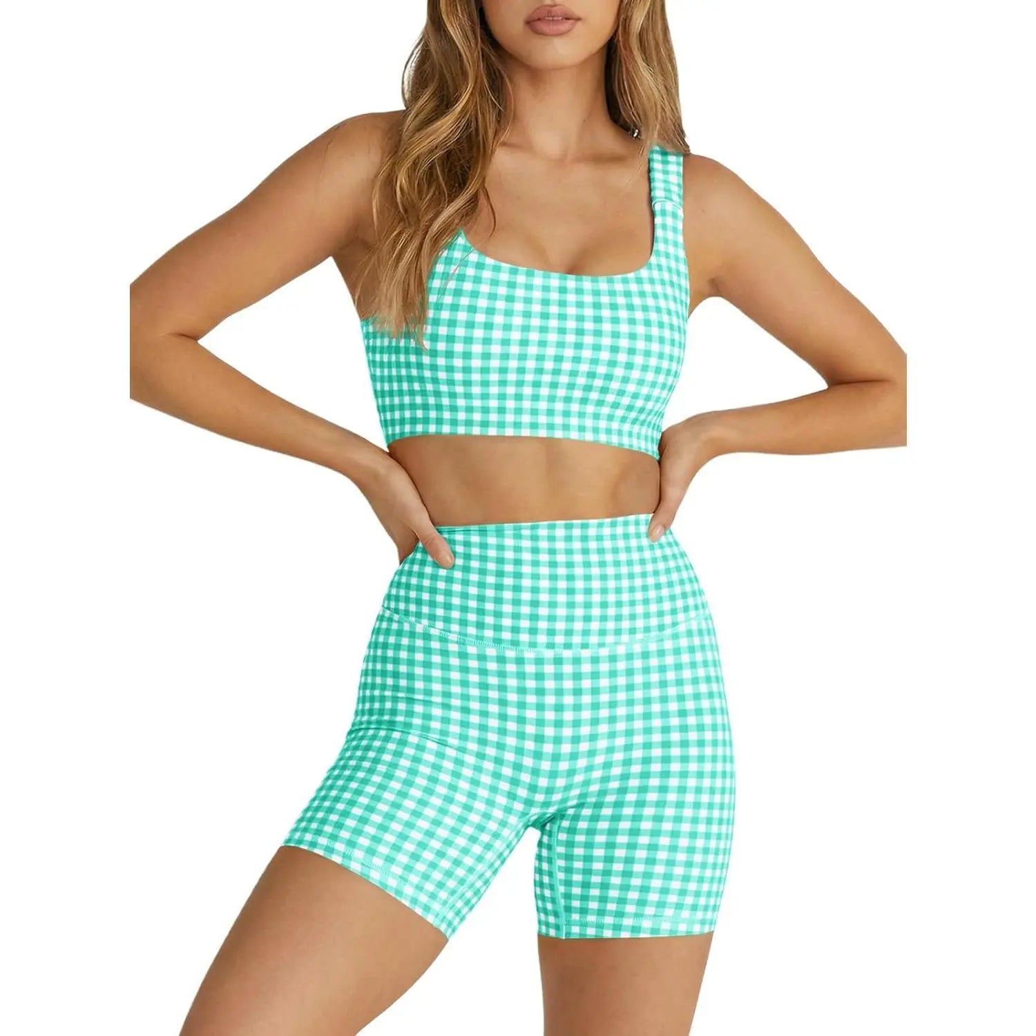 Aoysky Women'S 2-Piece Gingham Activewear Set - Padded Open-Back Crop Top, High-Waist Shorts for Women, Cute 2 Pcs Set for Yoga, Flattering Open-Back Detail