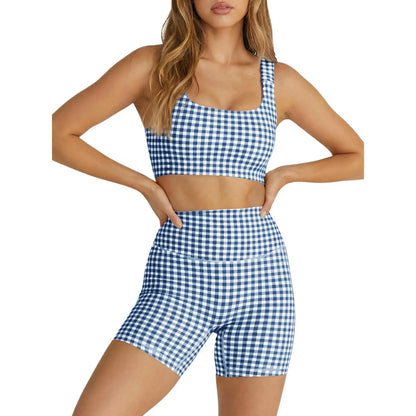 Aoysky Women'S 2-Piece Gingham Activewear Set - Padded Open-Back Crop Top, High-Waist Shorts for Women, Cute 2 Pcs Set for Yoga, Flattering Open-Back Detail